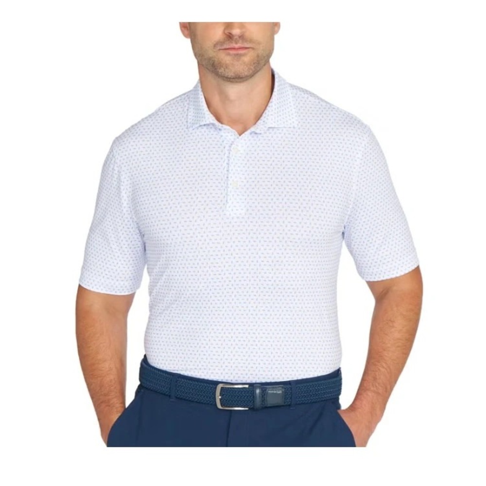 Greg Norman Mens ML75 Stretch Polo Shirt Short Sleeve White Blue Pattern Small